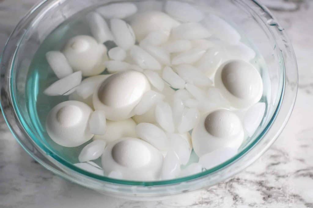 Eggs in an ice water bath.