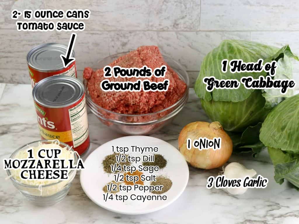 Ingredients needed to make the Keto ground beef casserole with text overlay of measurements.