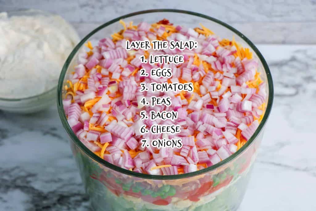Vegetable layers with red onion on top and text overlay on order for layering the ingredients.