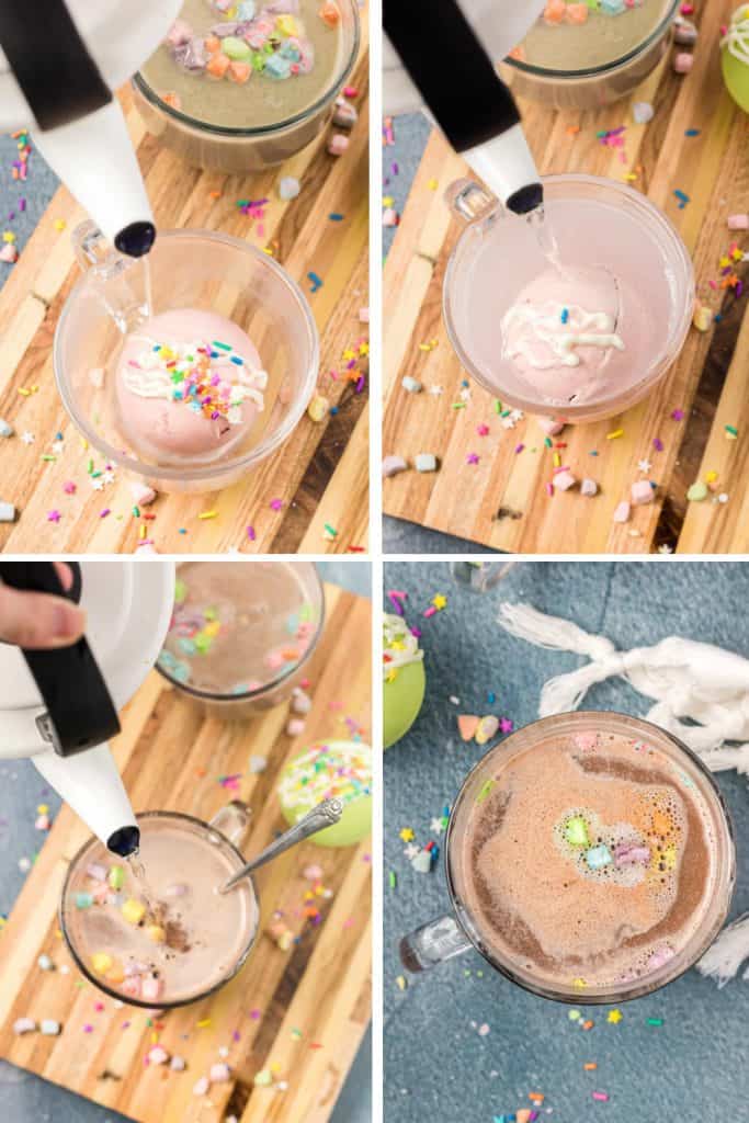 Step by step photos of hot cocoa bombs melting in hot water.