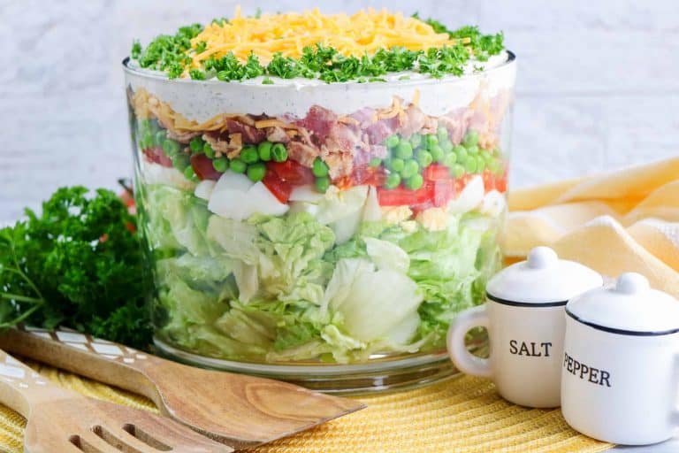 Head on view of seven layer salad.