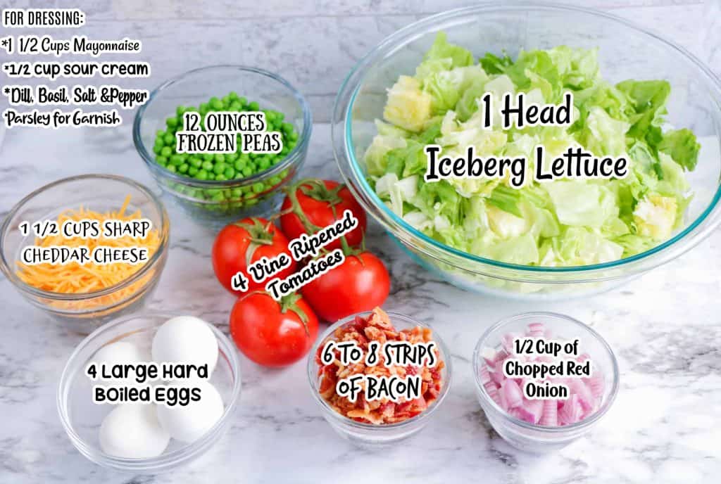 Ingredients for seven layer salad with text overlay of measurements needed to make salad.