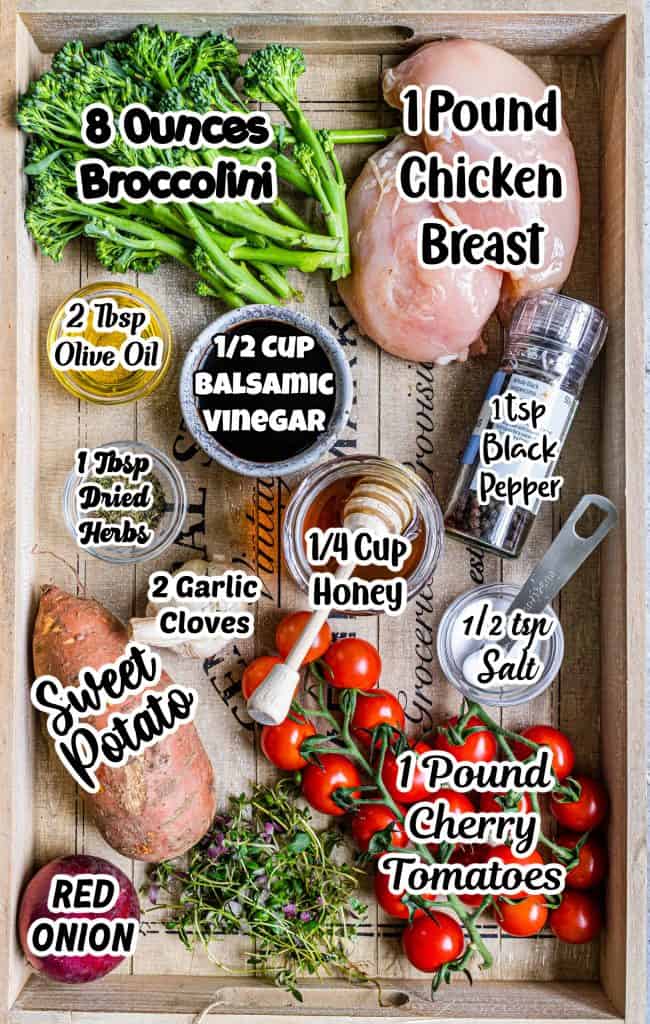 Overhead view of Sheet Pan Chicken with Vegetables Ingredients with text overlay with measurements.
