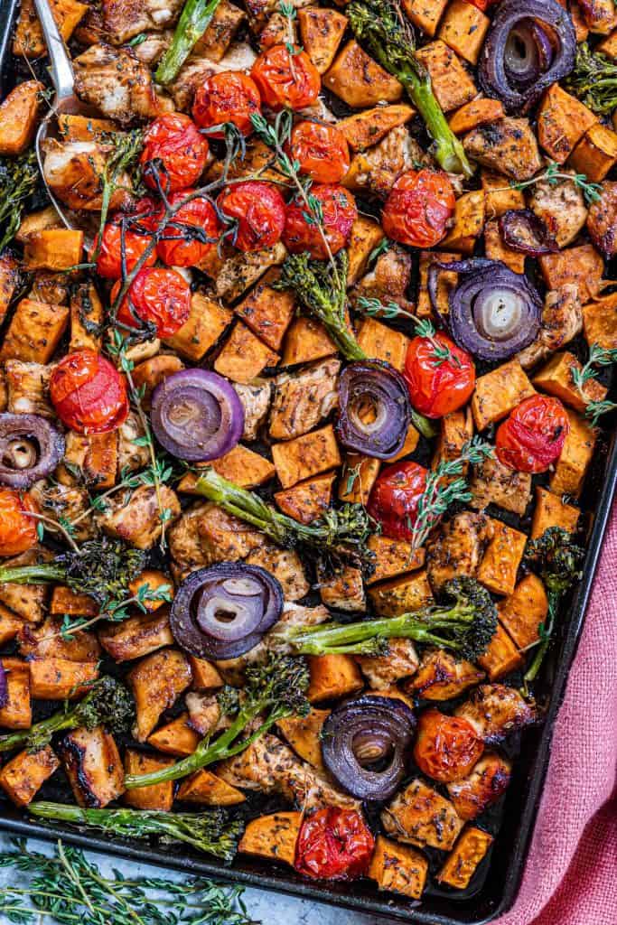 Sheet Pan Chicken Dinner hot out of the oven.