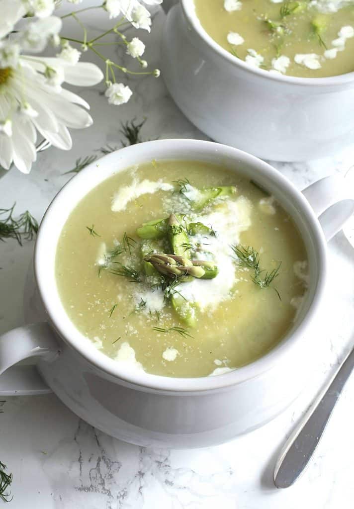 Overhead photo of cream of asparagus soup