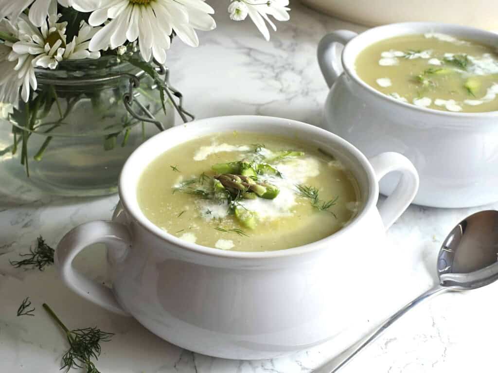&frac34; angle photo of potato asparagus soup