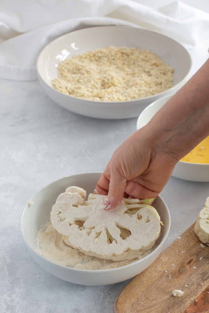 Cauliflower dredged in flour.