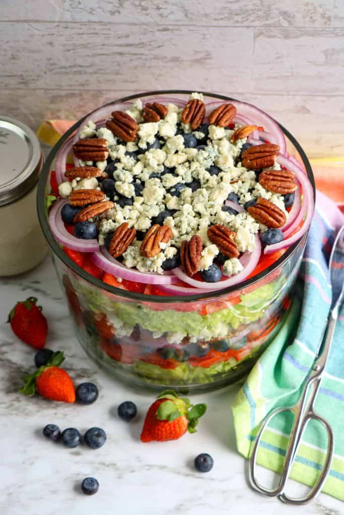 Overhead view of layered blueberry salad.