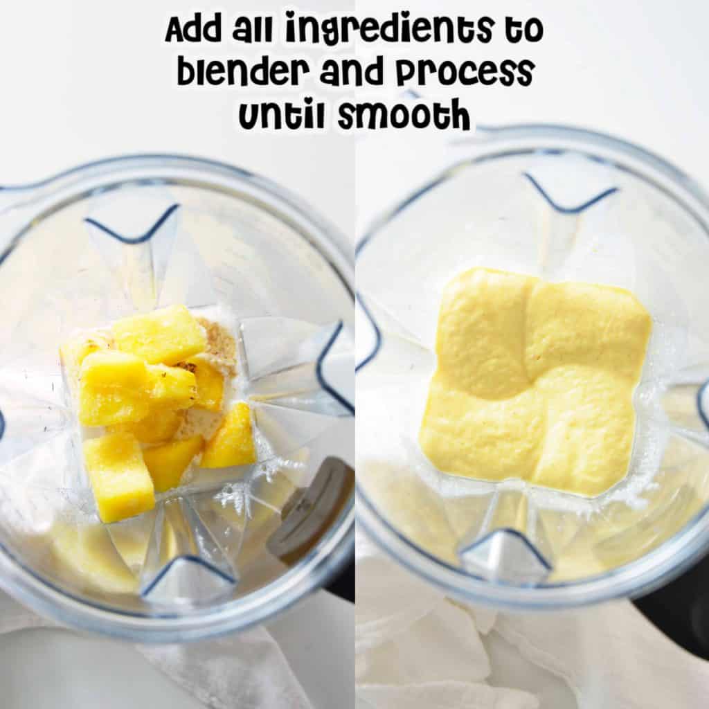 Mango Tropical Smoothie Ingredients in a blender.
