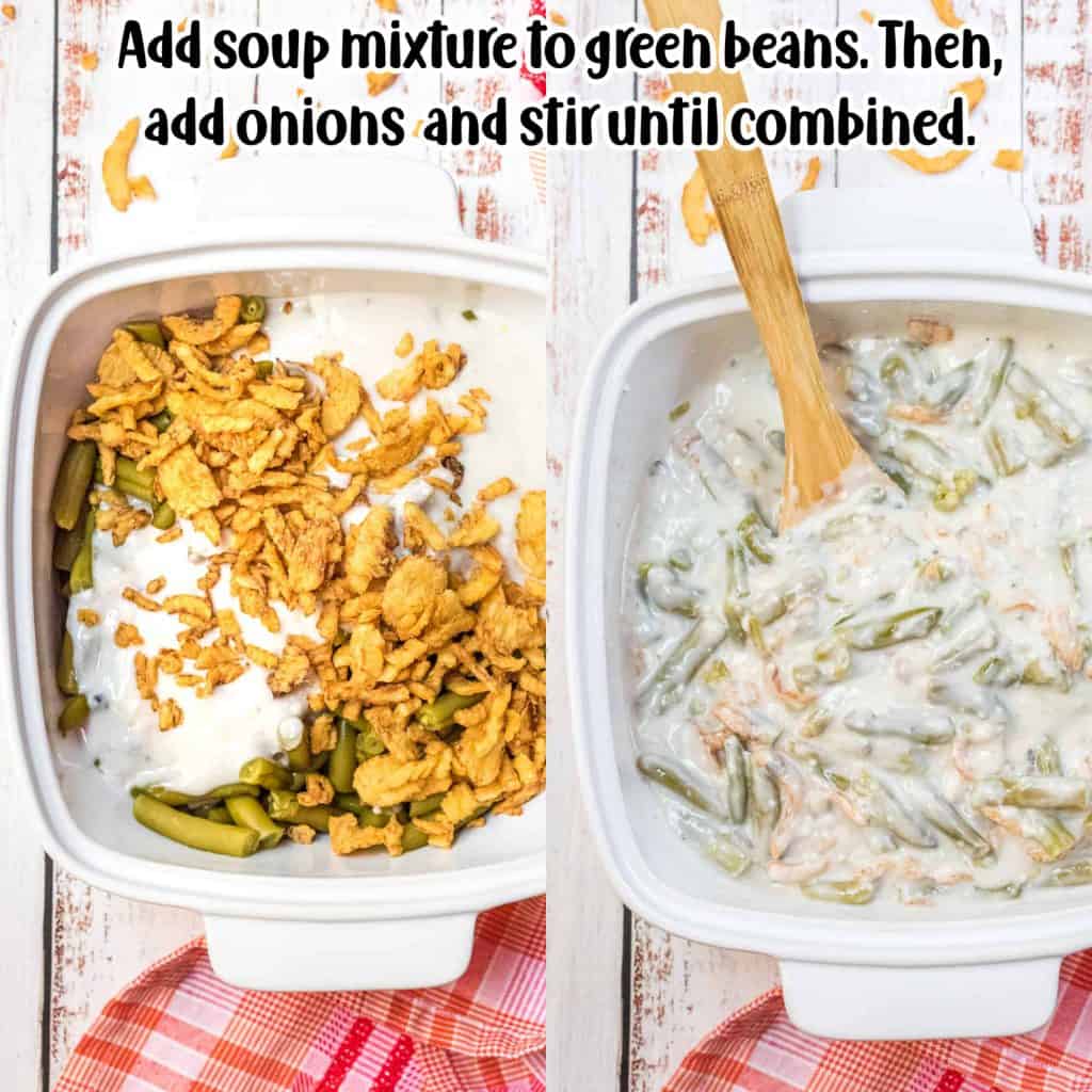 Green beans, soup and onions stirred in a casserole dish.