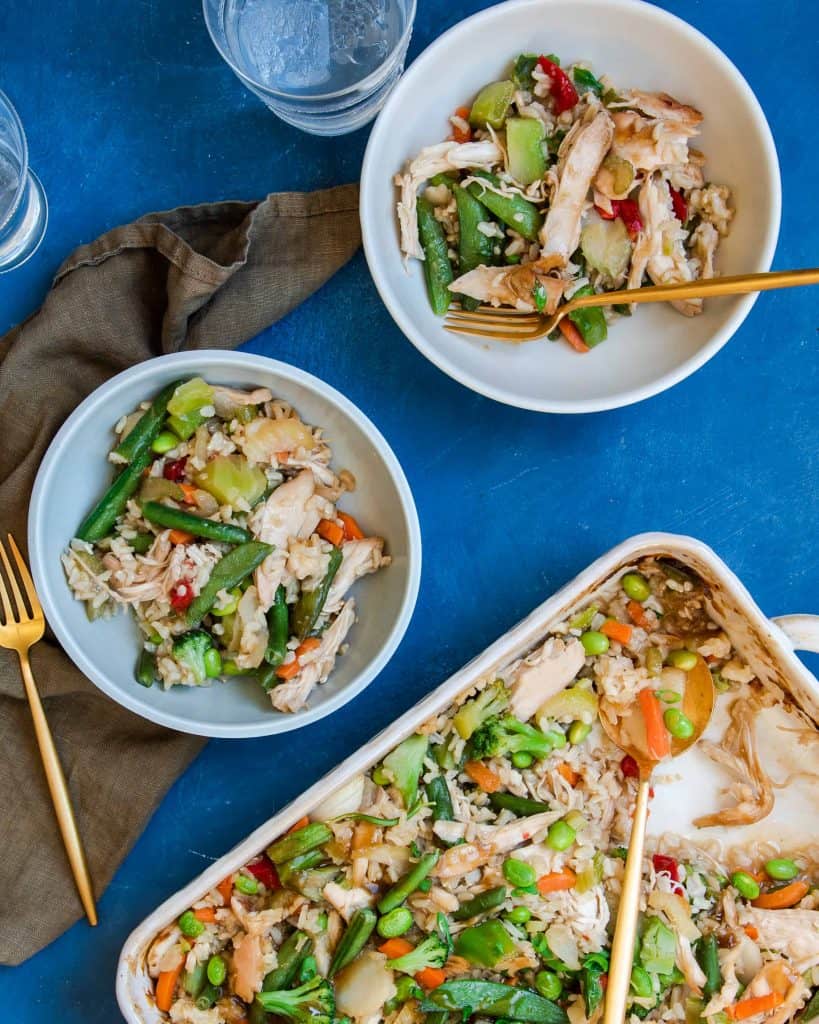 Overhead view of 2 bowls of teriyaki chicken and vegetables.