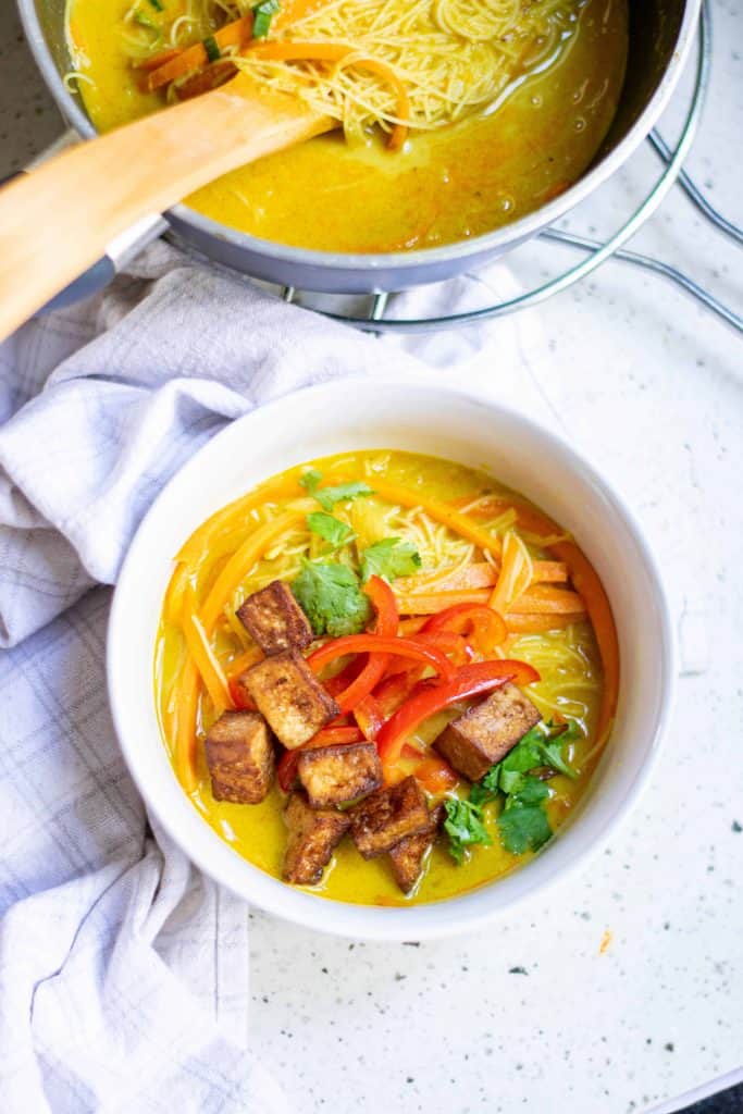 Overhead view of bowl of Vegan Thai Coconut Soup.