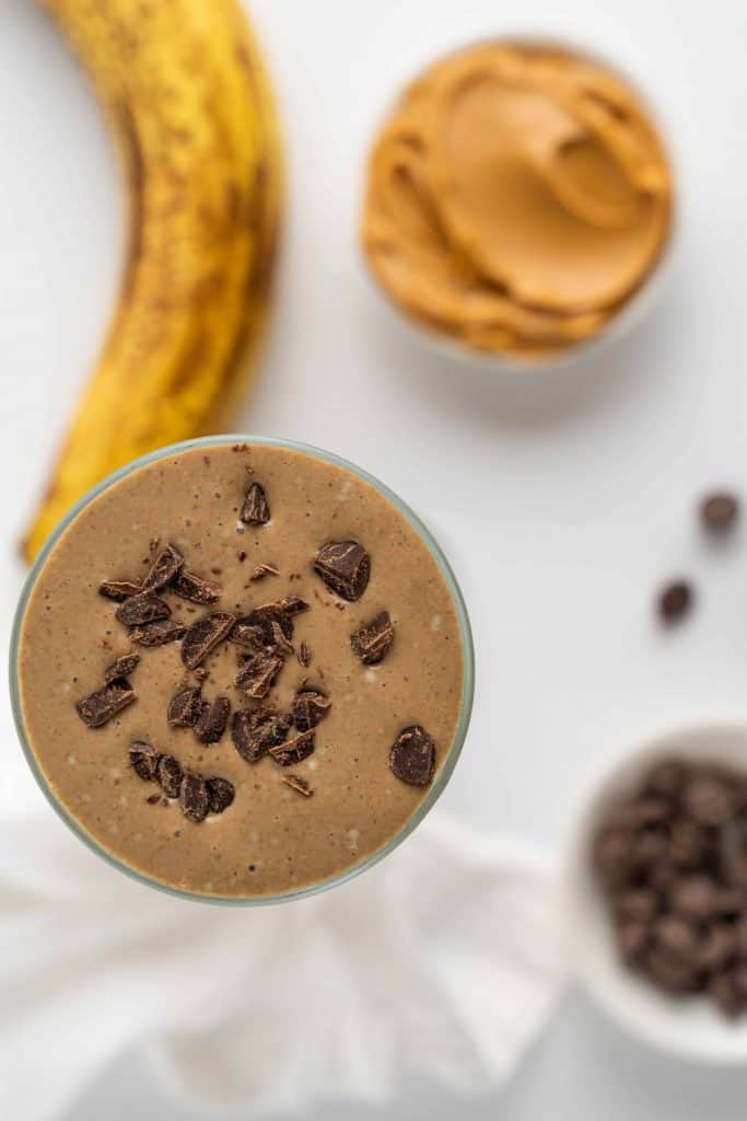 Overhead view of chocolate smoothie.
