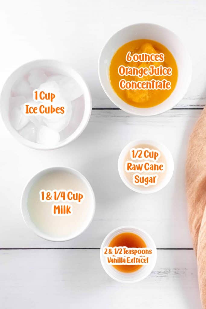 Overhead view of Ingredients for Homemade Orange Julius Recipe