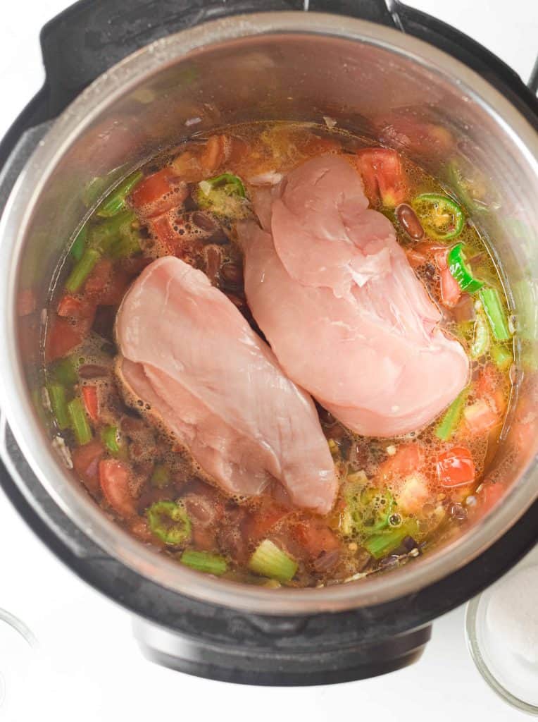 Chicken breast, chicken broth, veggies and spices in the instant pot.
