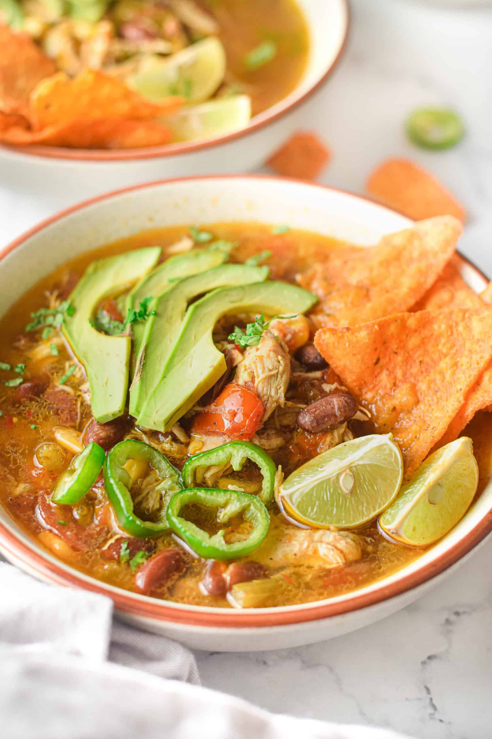 Closeup of Instant Pot Chicken Tortilla Soup