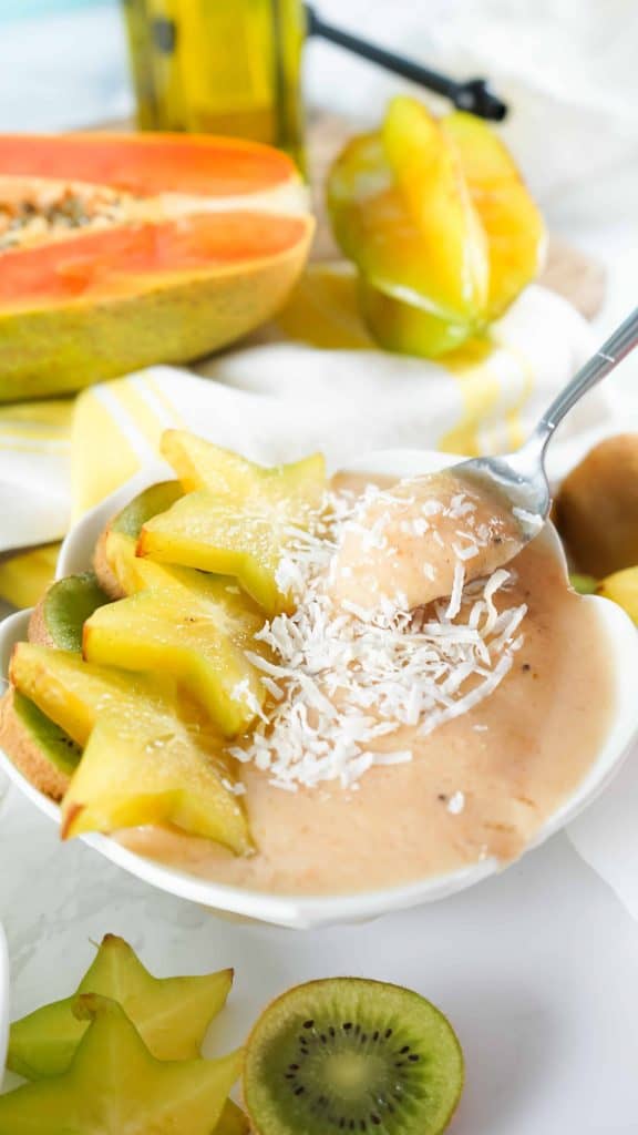 Spoon in smoothie bowl.