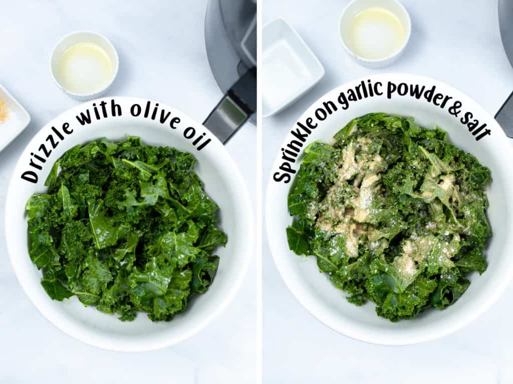 Bowl of kale with olive oil and bowl of kale with olive oil, salt and garlic powder.