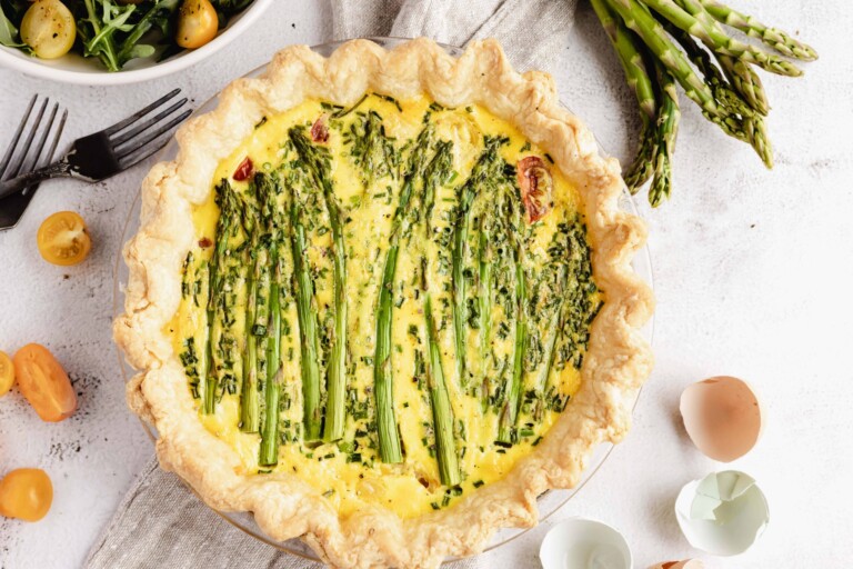 Overhead view of spring vegetable quiche.