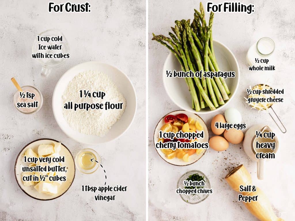 Asparagus and tomato quiche with homemade crust ingredients