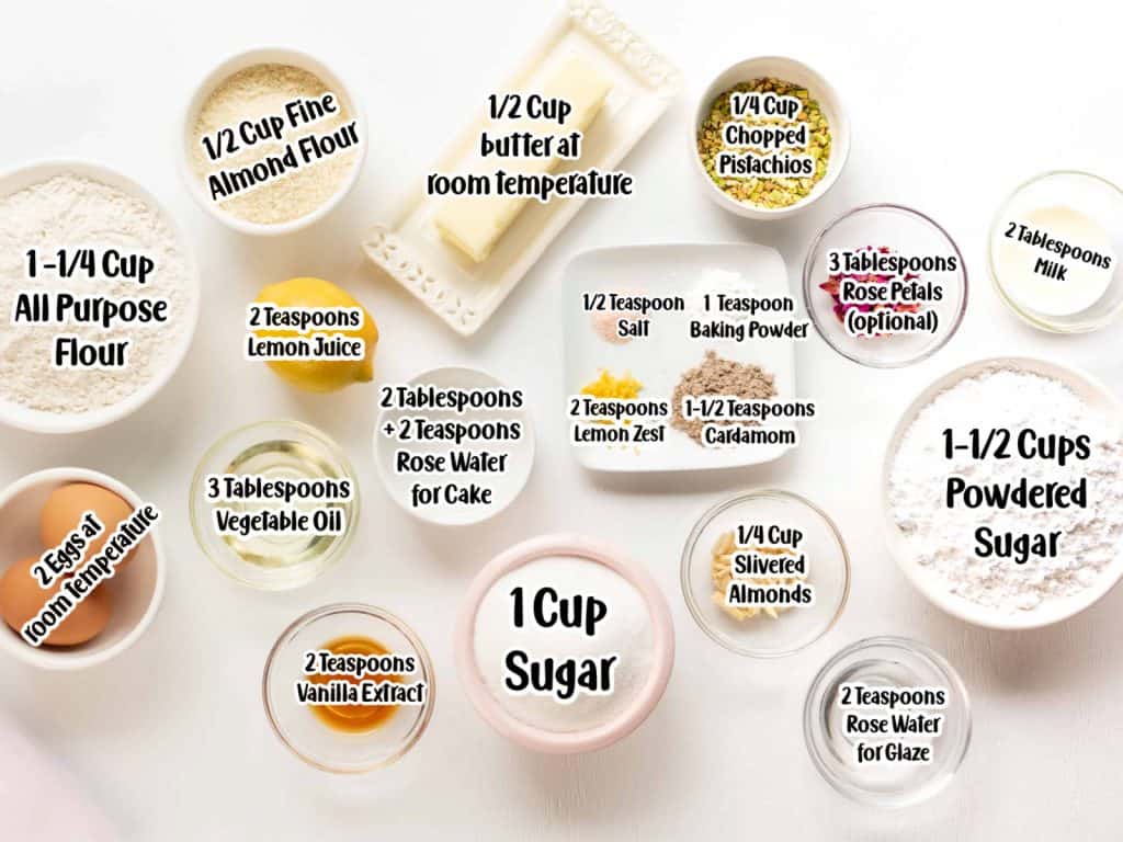 Ingredients for Persian Love Cake with Measurements in overlay text.