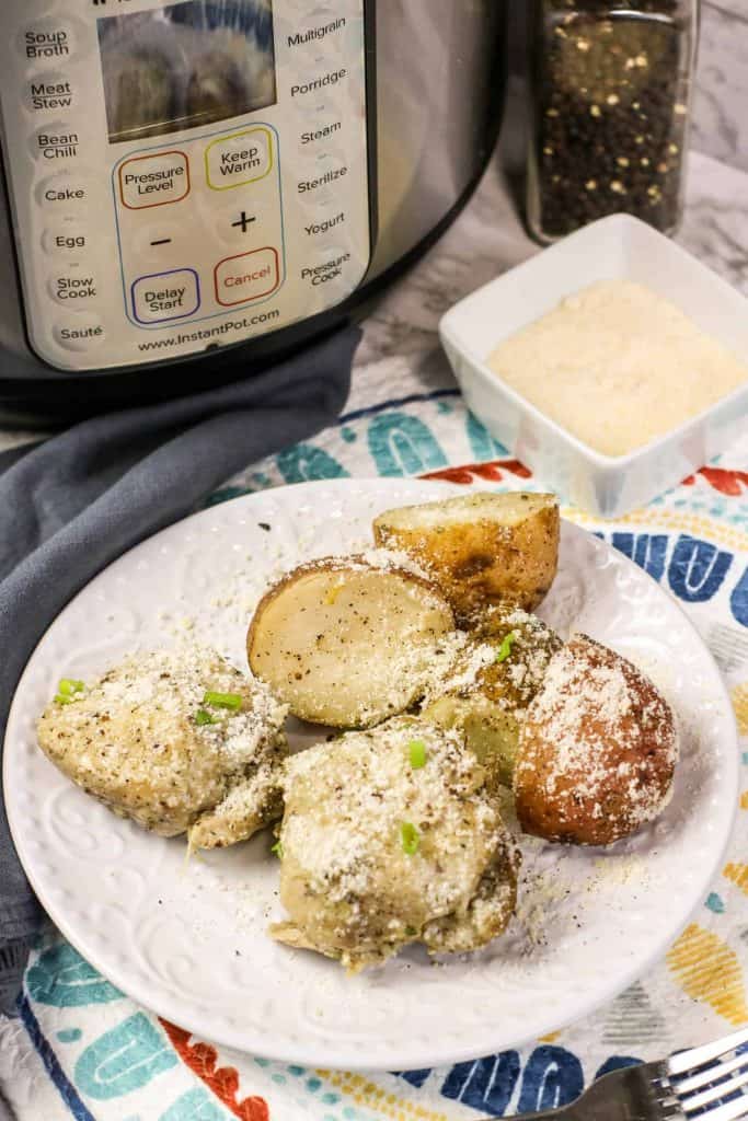 Chicken thighs and potatoes on a white plate.
