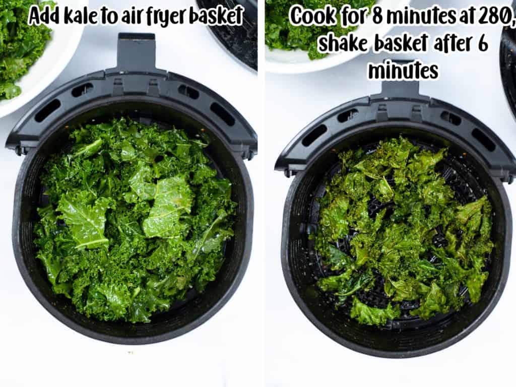 Kale in air fryer basket before and after cooking.