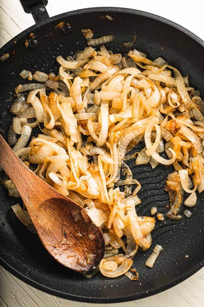 Caramelized onions in a skillet.