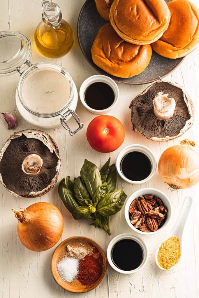 'ingredients for portobello burgers with pesto mayonnaise.