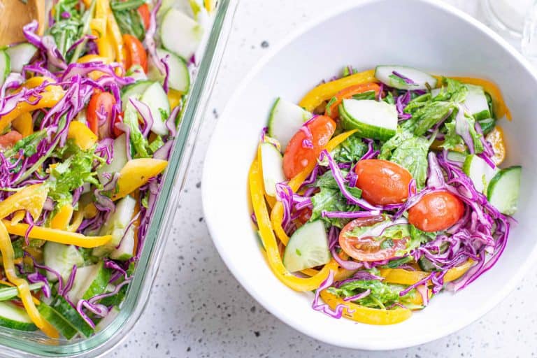 White bowl with rainbow salad