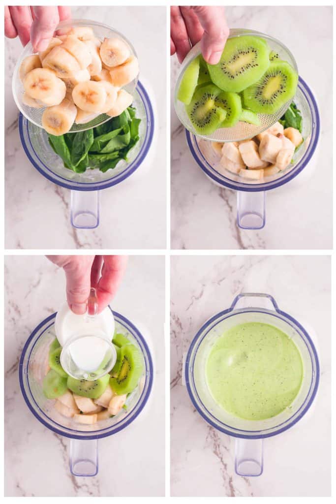 Steps to making a green smoothie in a blender.