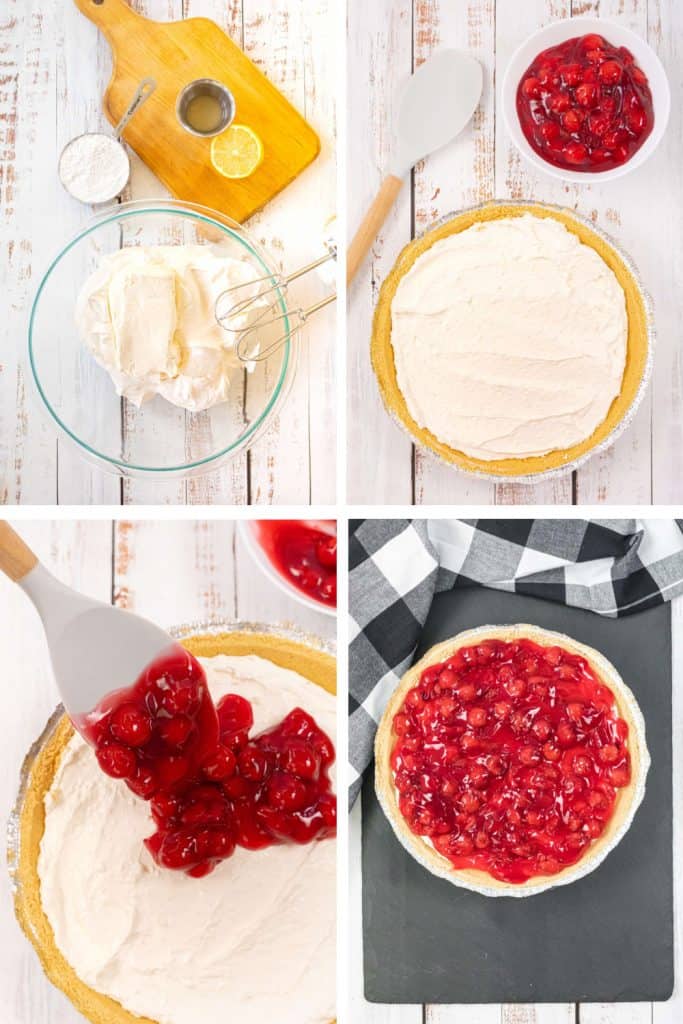 Steps to make a no bake cherry cheesecake.