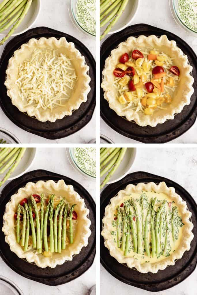 Steps to adding vegetables to quiche crust.