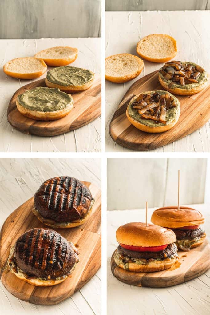 Steps for putting together vegan burger.