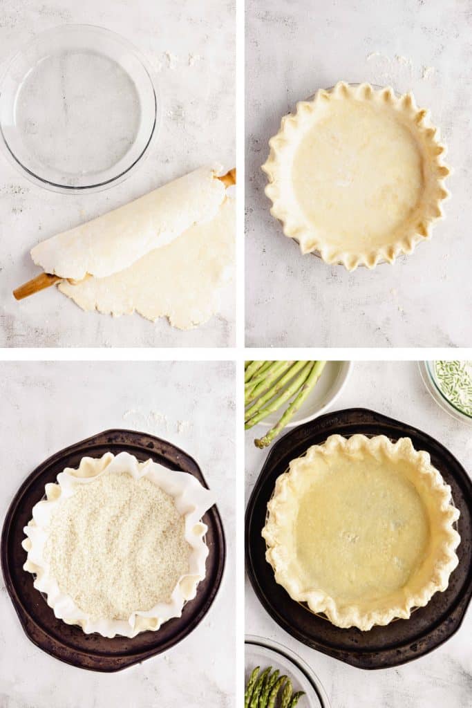Steps to rolling out pie crust and putting it in a pie plate.