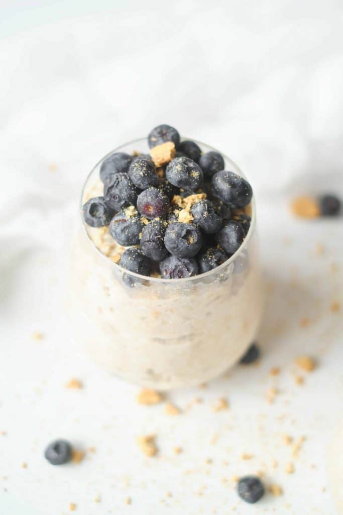 Vegan Blueberry Overnight Oats &frac34; angle view.