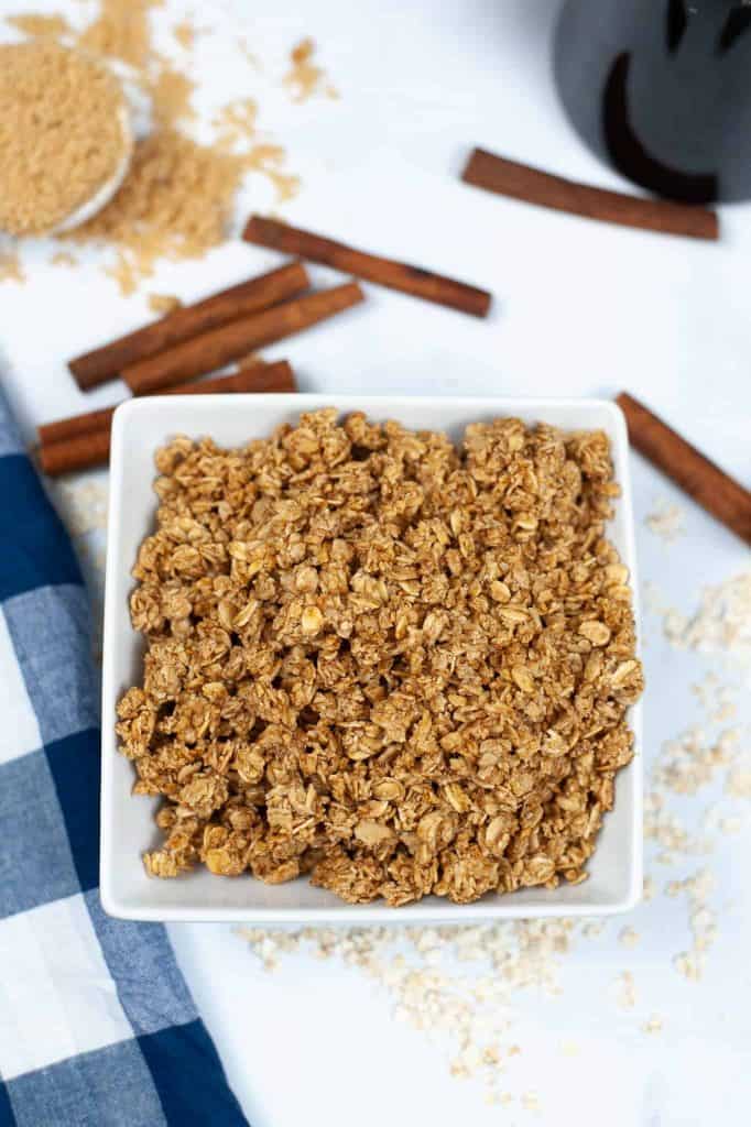 Overhead photo of air fryer granola in a square white dish.