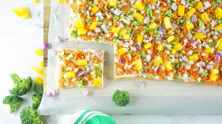 Veggie bars with a slice removed.