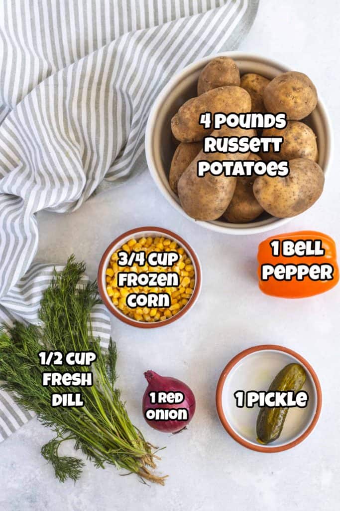 Potatoes, corn, bell pepper, red onions, pickle and dill.