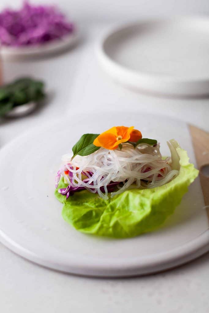 Spring roll wrapper with fresh vegetables and noodles on top of it.