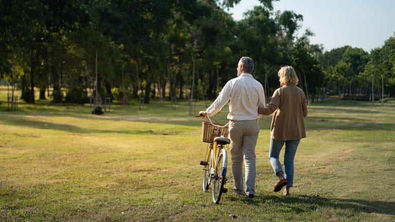 Save Download Preview The behind of Caucasian elderly couples walking with a bicycle in the natural autumn sunlight garden feel cherish and love, concept elderly love, warm family, happy retirement, retirement lifestyle.