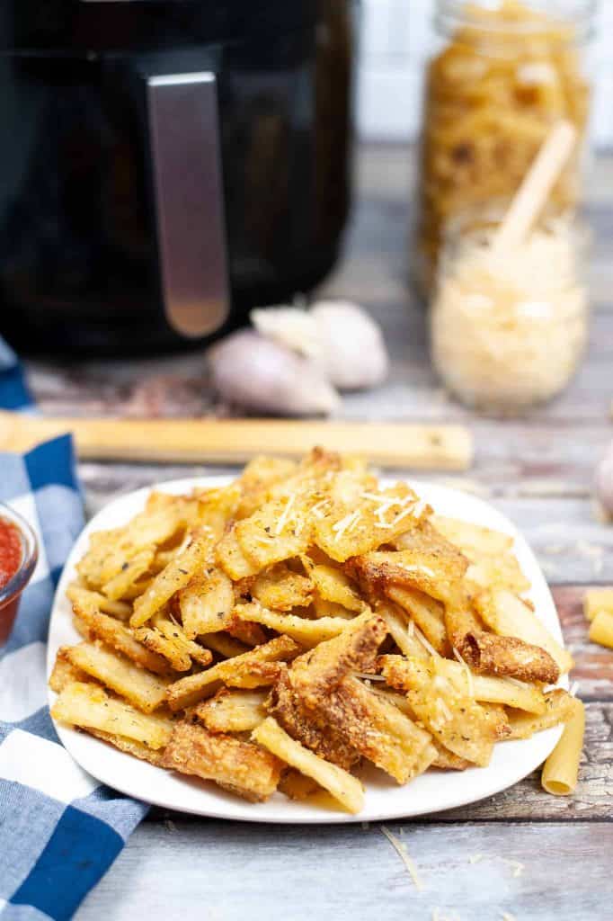 Air Fryer Pasta Chips on a white plate.