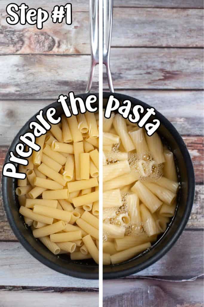Cooking rigatoni in a pot.