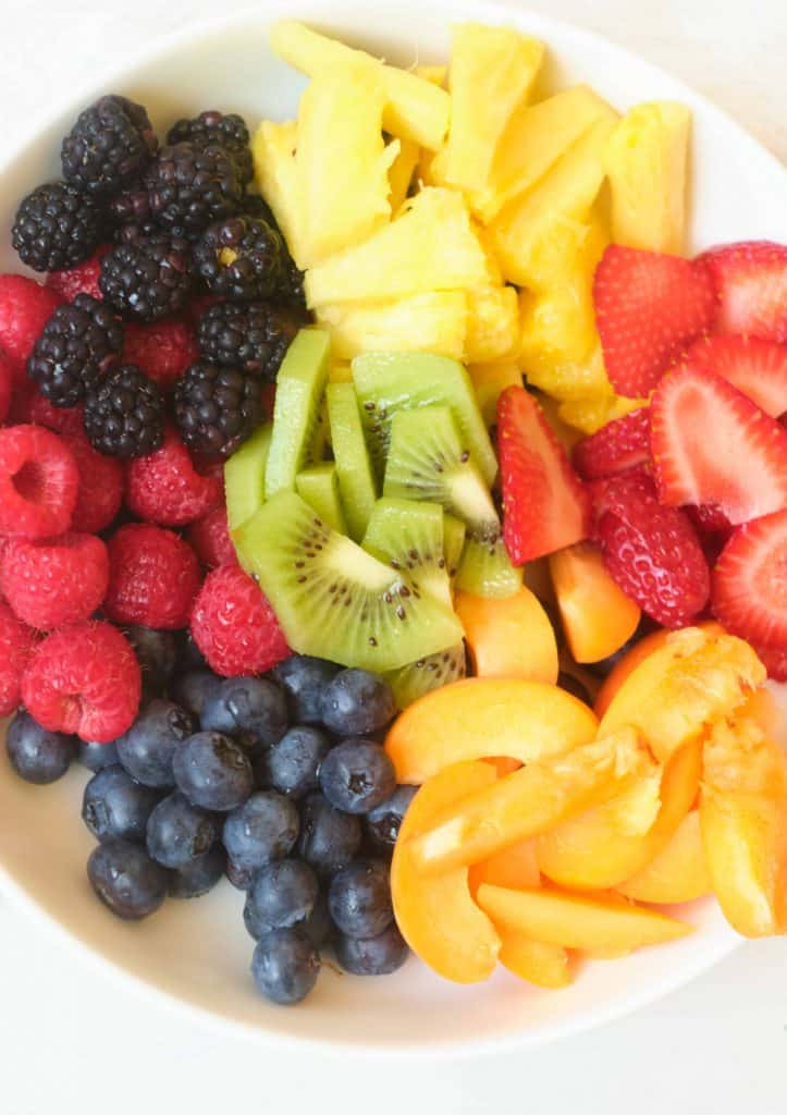 Fresh fruit in a white serving bowl.