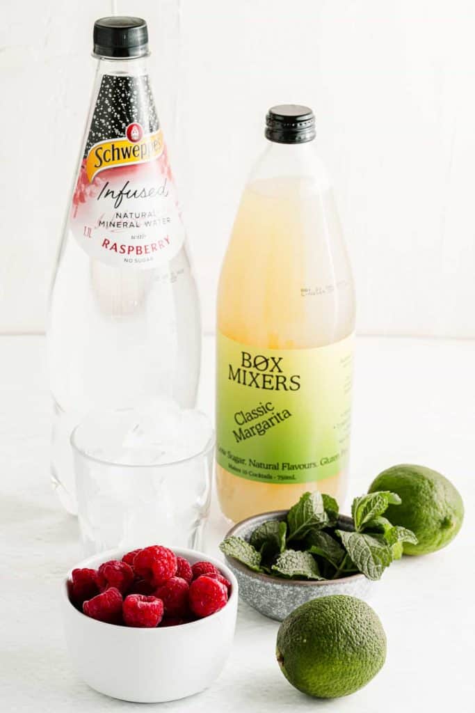 Raspberry water, margarita mix, limes, fresh mint and raspberries.