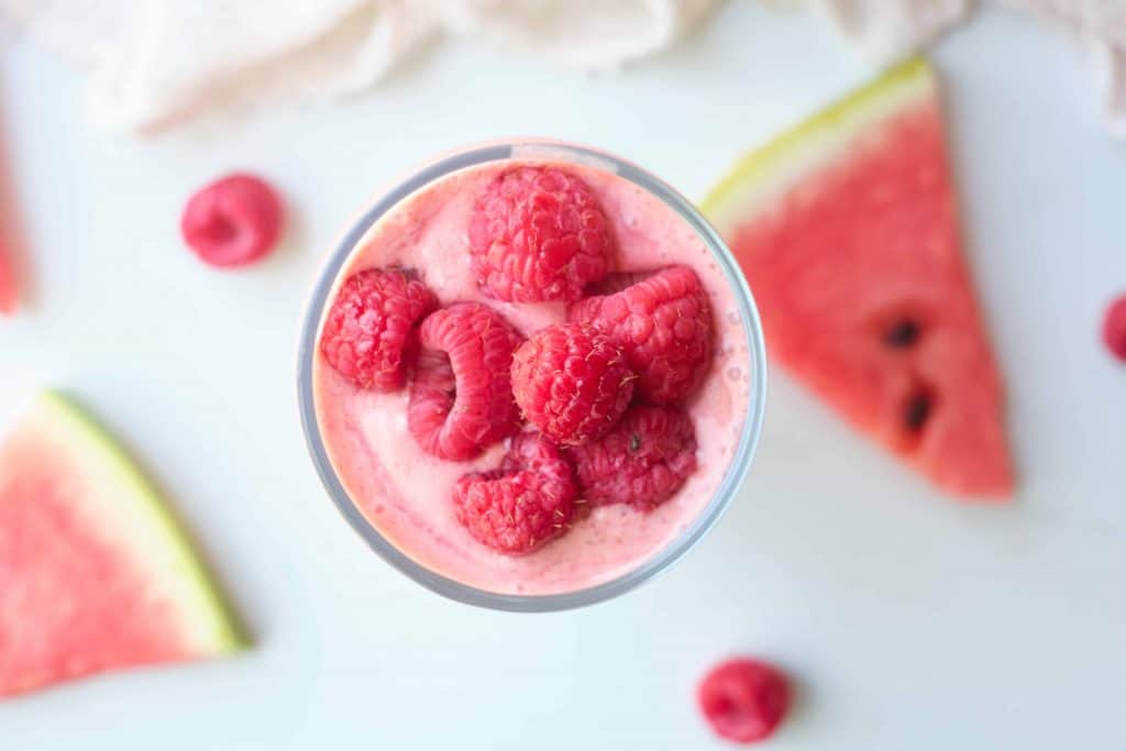 Overhead view of pink smoothie.