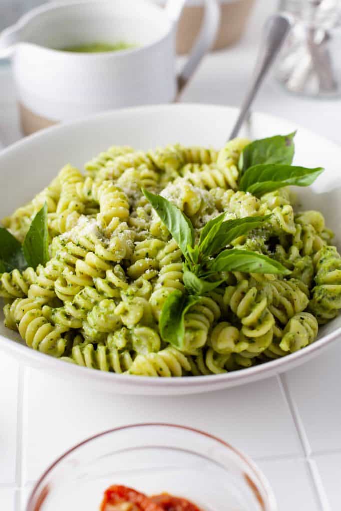 Avocado Pesto Pasta in a white bowl.