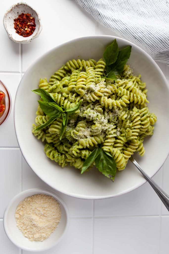 Overhead photo of avocado pesto pasta.