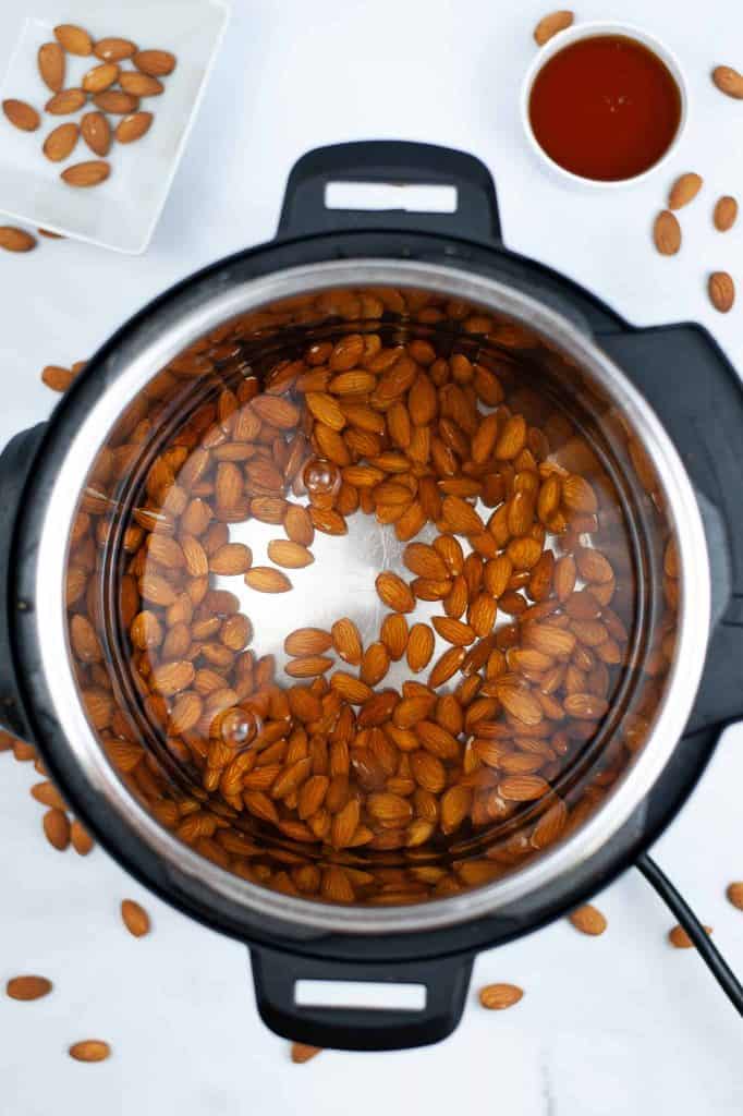 Overhead view of almonds in Instant Pot