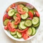 Overhead view of cucumber tomato salad